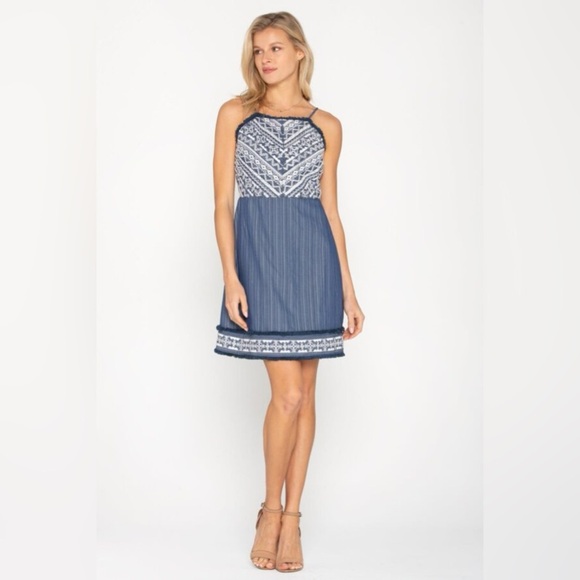 Miss Me Blue Fringe Trim Embroidered Mini Dress Size L EUC - Picture 1 of 6